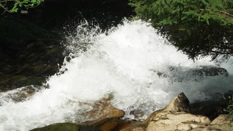 An-Sonnigen-Sommertagen-Rauscht-Ein-Reißender-Fluss-über-Felsen-Im-Wald