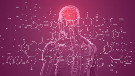 Animation-of-chemical-formulas-over-human-head-model-on-red-background