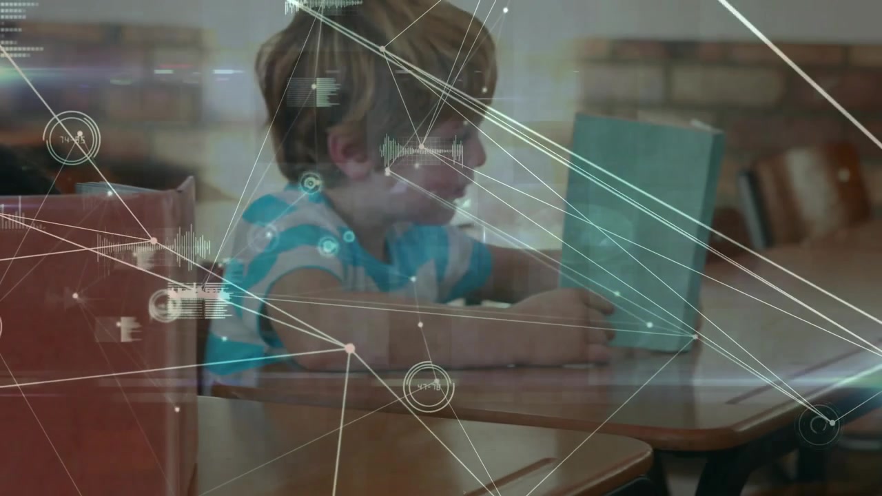 Camera revealing educational data overlay animating students flipping textbook and touching globe