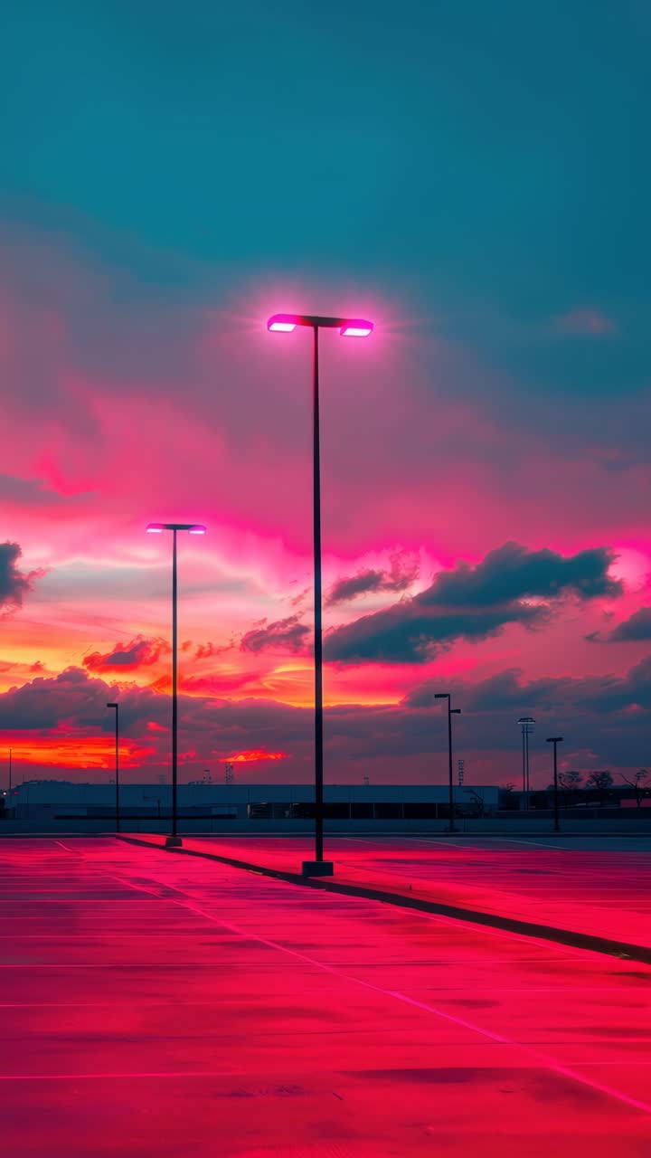 A mesmerizing video concept featuring a low-angle view of a parking lot at sunset, with vibrant pink