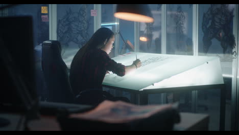 artist working on a drawing table