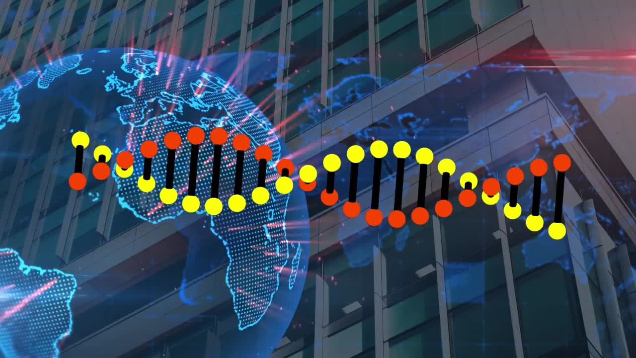 Animazione di globo e mappa del mondo con filamento di DNA su paesaggio urbano