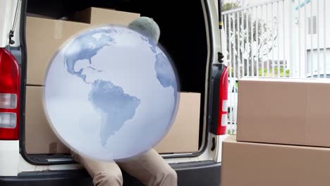 Animation-of-globe-of-connections-over-delivery-man-with-cardboard-box