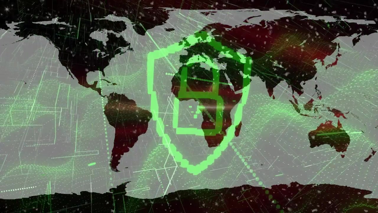 Rede em wireframe se espalhando por todo o mapa, iniciando um escudo brilhante com o número nove pulsando, exibindo análises.
