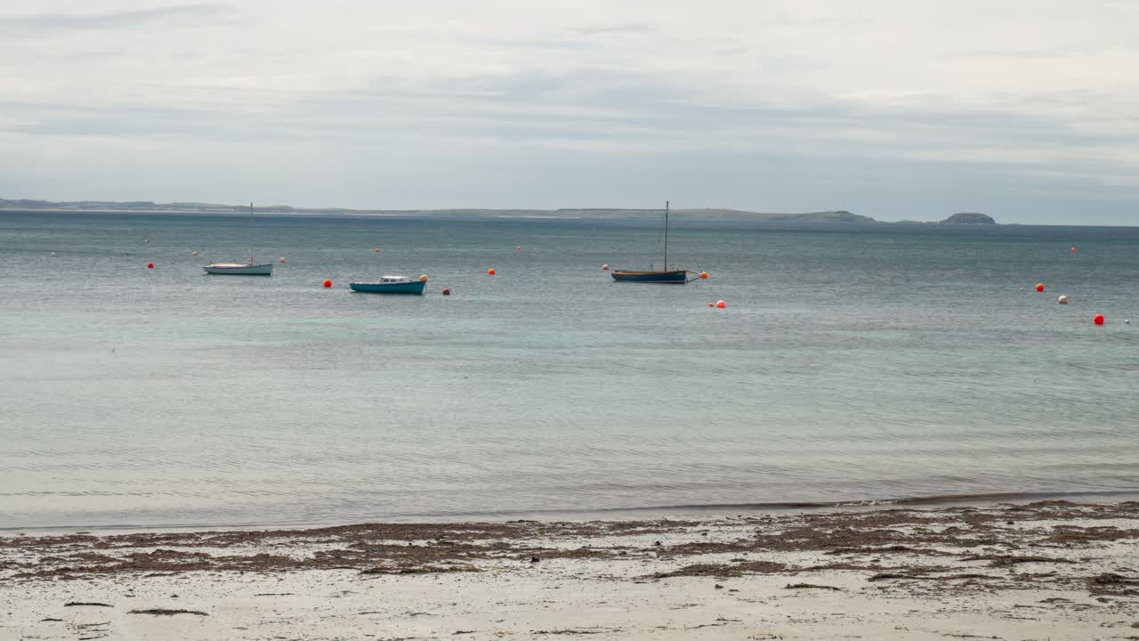 Boats calmly docked along the shore with a scenic island in the distance, capturing the peaceful coastal vibe and serene waters.