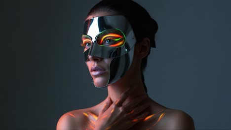 a mystical transformation: a portrait of a model wearing a reflective mask with vibrant colors emitting a glowing aura in a dark setting