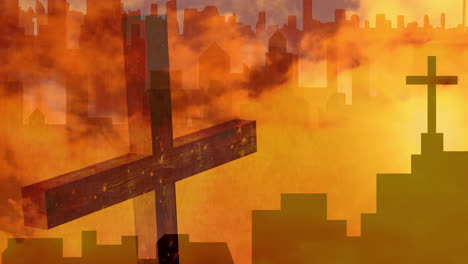 animation of christian crosses over orange clouds moving