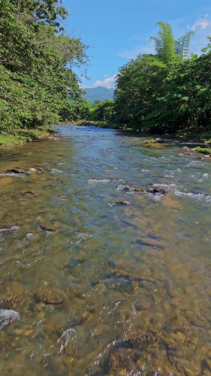 Drone flying low over Rio Maimon river, Bonao in Dominican Republic. Aerial, Vertical format