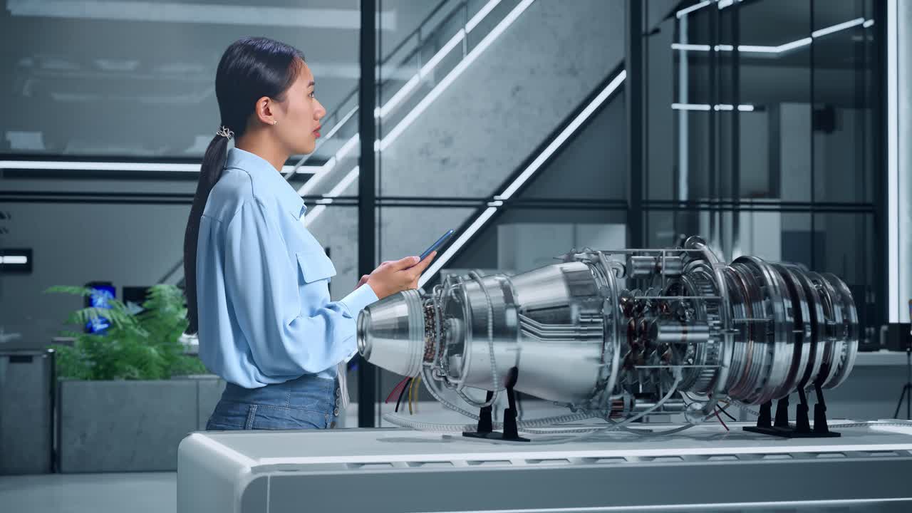 첨단 제트 엔진 기술을 검토하는 엔지니어