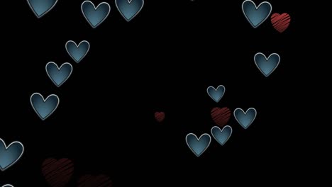animation of pink and blue hearts moving on black background