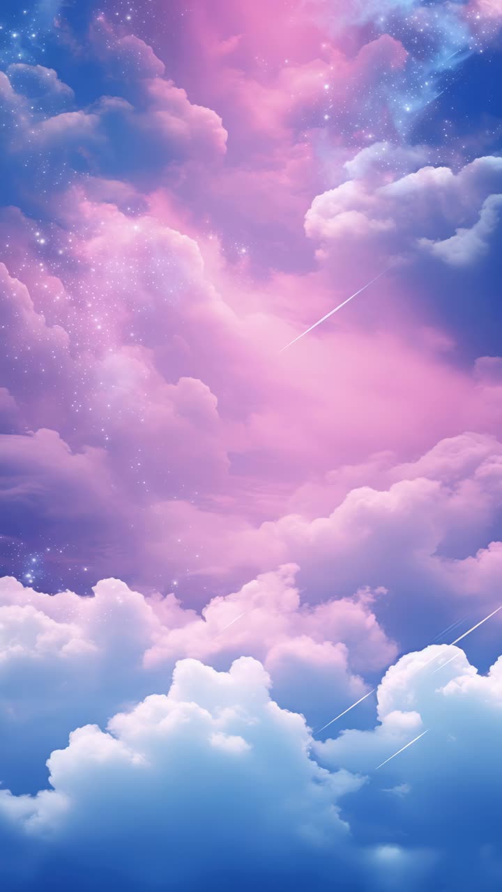 A dreamy, celestial sky with pink and blue clouds, stars, and shooting stars