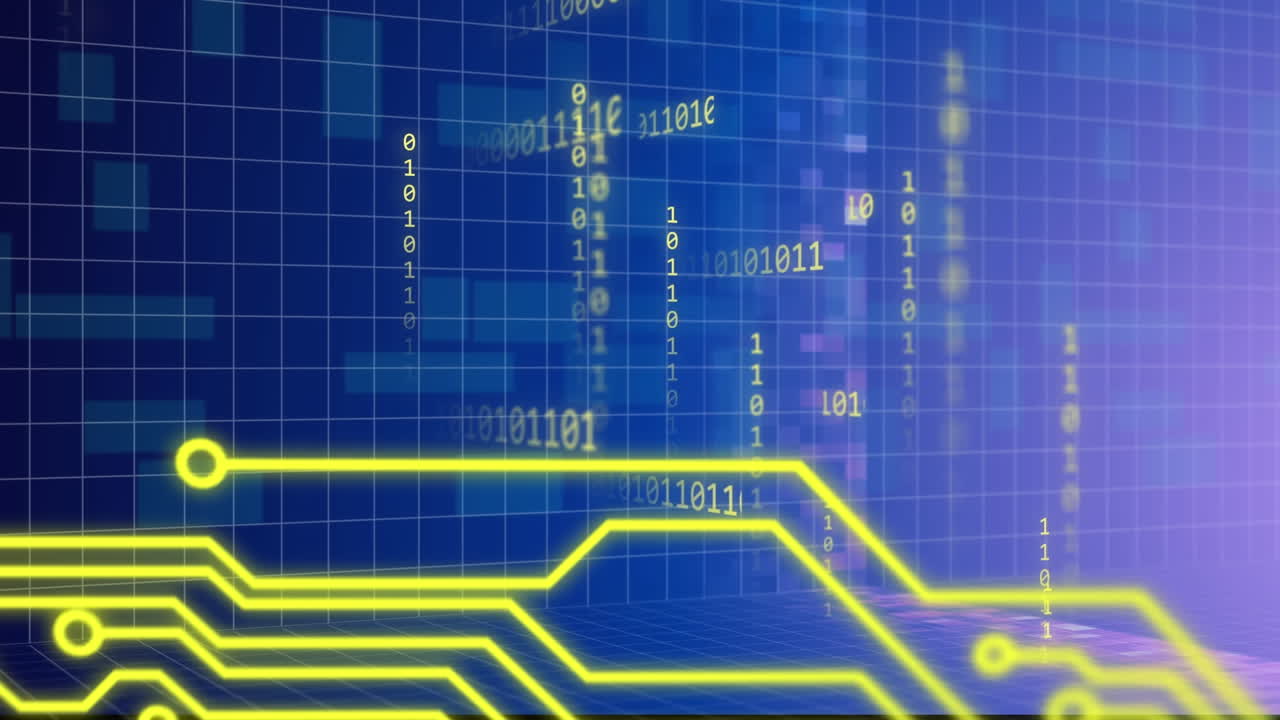 animación de la codificación binaria y el procesamiento de datos en una placa de circuitos.