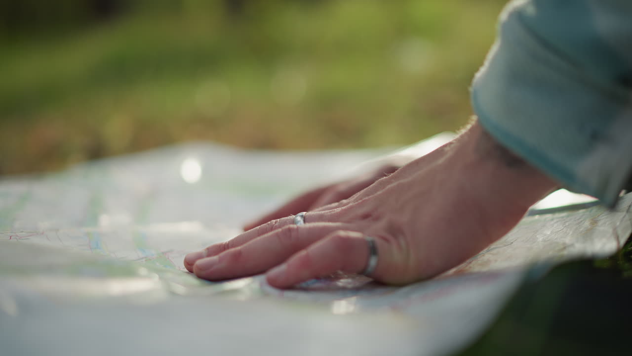 hiker hands tracing paper map on grass, closeup of finger movement and ring, sunlight glint on creased paper, careful route inspection, slow deliberate planning, intimate outdoor moment suggesting