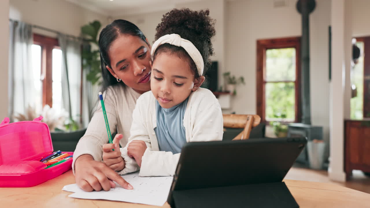 Mother helping her girl child with homework by