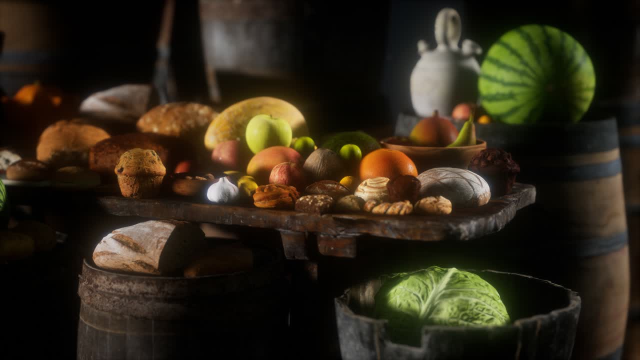 mesa de comida con barriles de vino y algunas frutas, verduras y pan