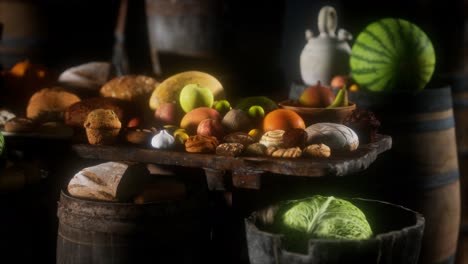 food table with wine barrels and some fruits, vegetables and bread