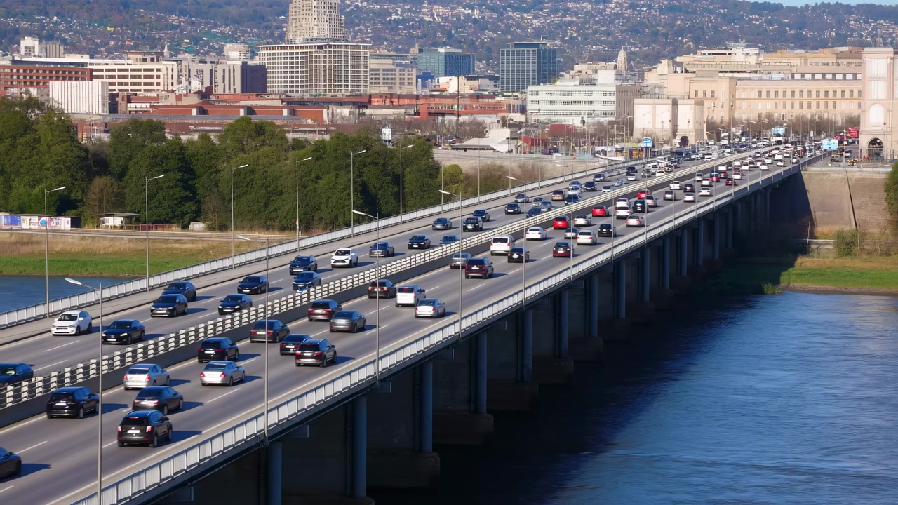 Ilmakuva vilkkaasta siltaliikenteestä aamuruuhkassa. Pitkä monikaistainen silta täynnä tasaista autovirtaa.
