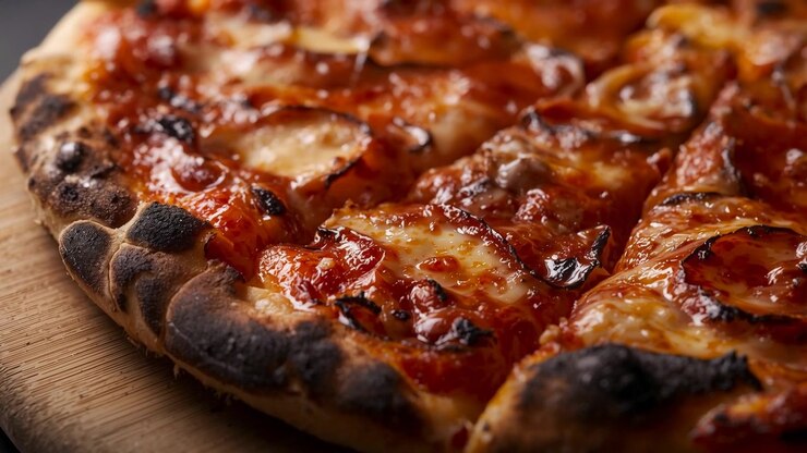 Telecamera che si allontana rivelando una pizza ai peperoni su un tagliere di legno in uno studio con luce soffusa, mettendo in risalto l'olio.