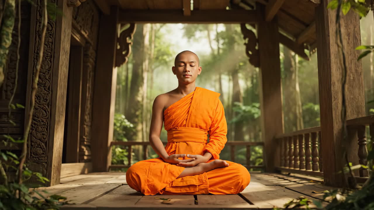 A monk meditates peacefully in a wooden temple surrounded by nature