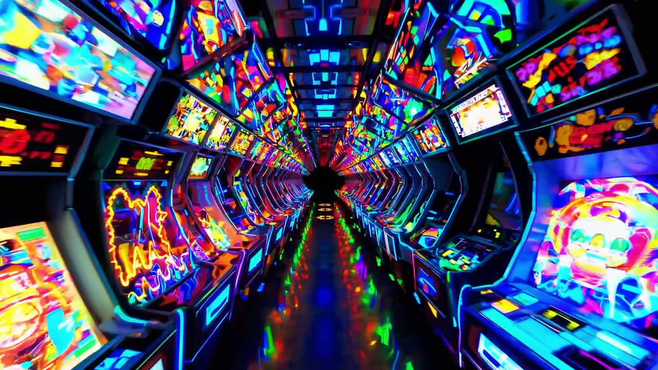 Vivace scena arcade con flipper luminosi e luci al neon, che crea un'atmosfera coinvolgente di eccitazione ed energia in una sequenza dinamica in movimento