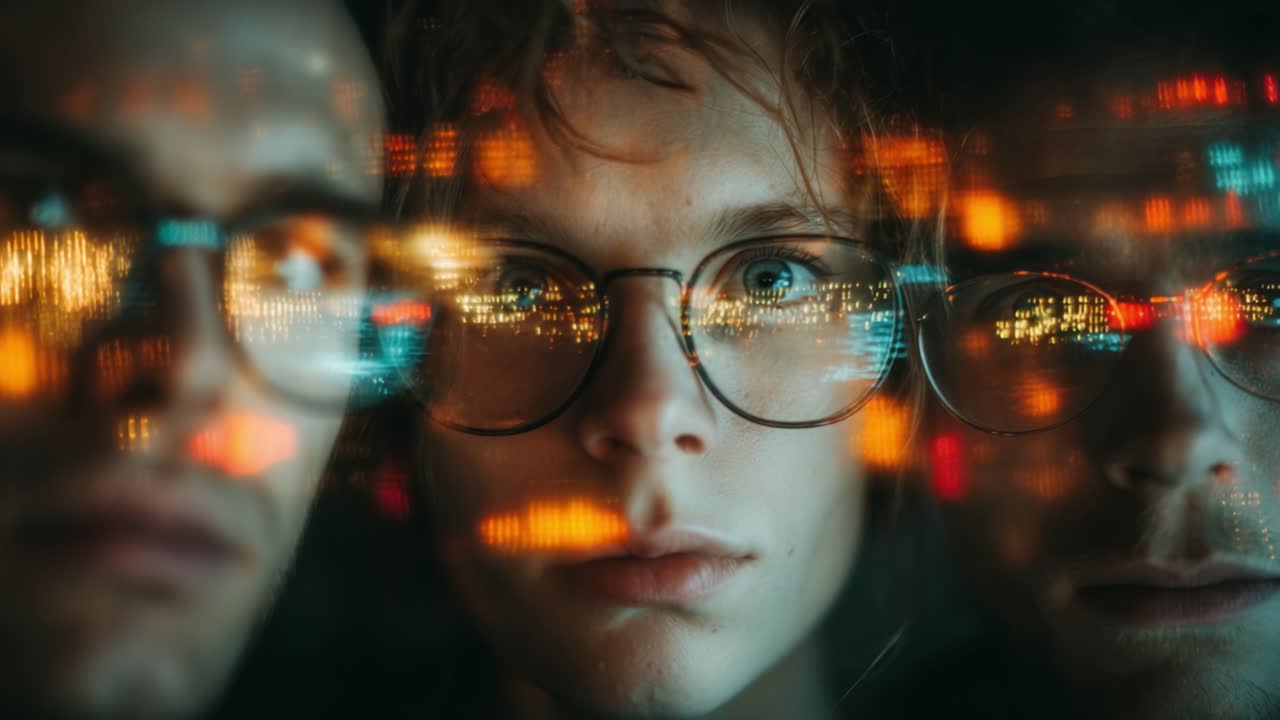 A Thoughtful Reflection: Three Individuals Captured Amidst a Glowing Background of Light Patterns Symbolizing Introspection and Connection