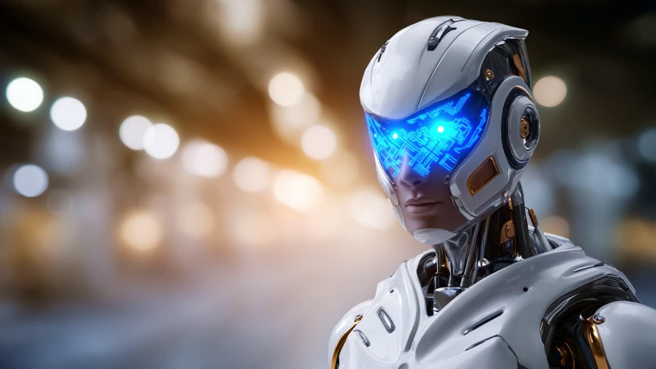 Yüksek Teknoloji Ortamında Parlayan Özelliklere Sahip Fütüristik Robotik Varlık, Gelişmiş Yapay Zeka ve Mekanik Tasarımı Sergiliyor