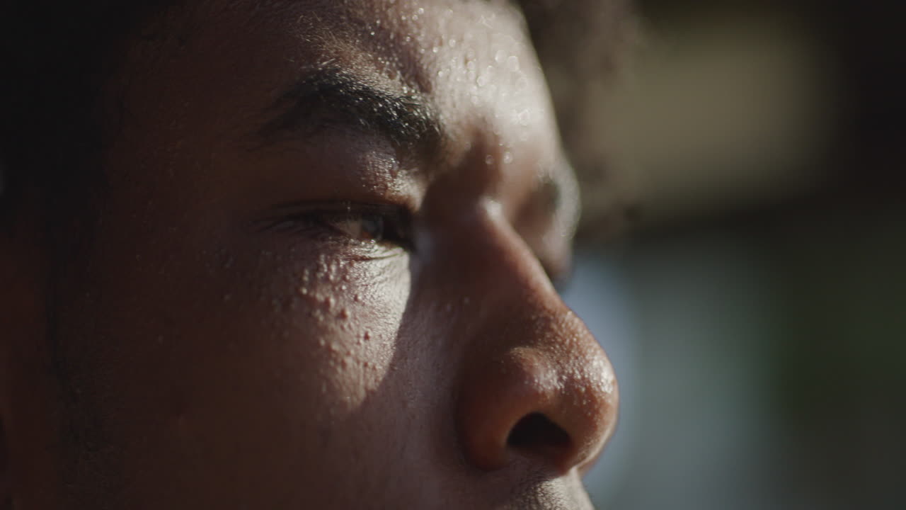 Young African American Male Lips - Face Outside on Sunny Day, Close Up