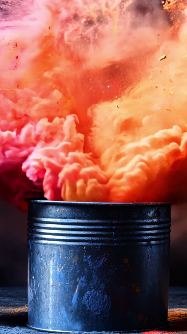A can of paint is splattered with orange, red, and yellow paint. The colors are bright and vibrant, creating a sense of energy and excitement. The splatters of paint suggest a sense of chaos