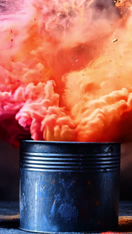 a can of paint is splattered with orange, red, and yellow paint. the colors are bright and vibrant, creating a sense of energy and excitement. the splatters of paint suggest a sense of chaos