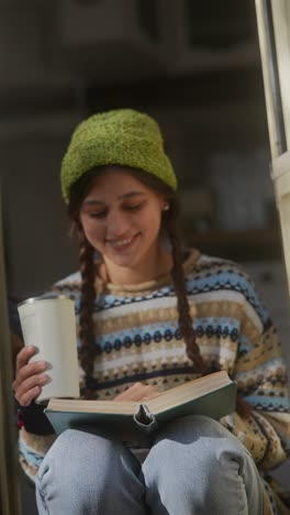 young woman reading a book in a van