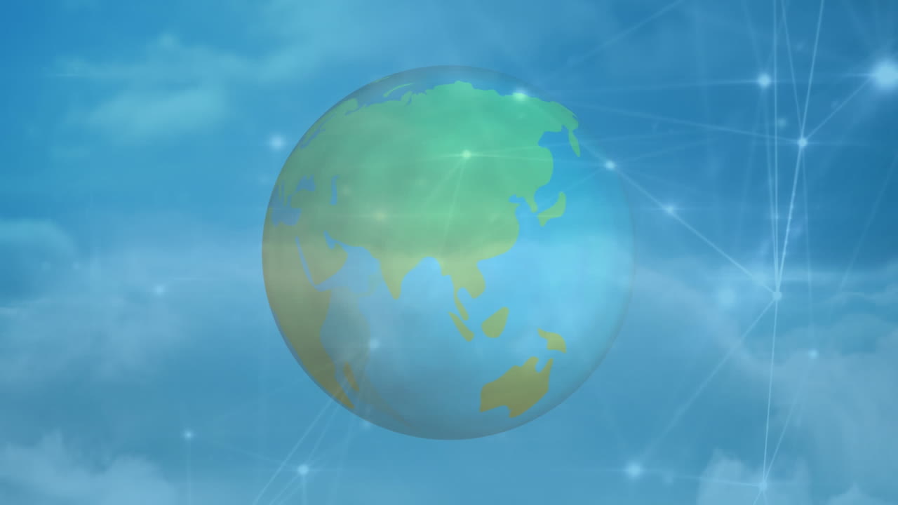 구름과 파란 하늘 배경에 연결 네트워크와 지구의 애니메이션