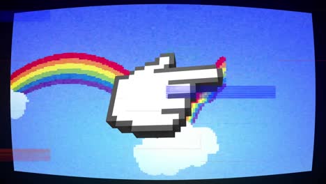 animación de interferencia sobre el icono de la mano, arco iris y cielo con nubes