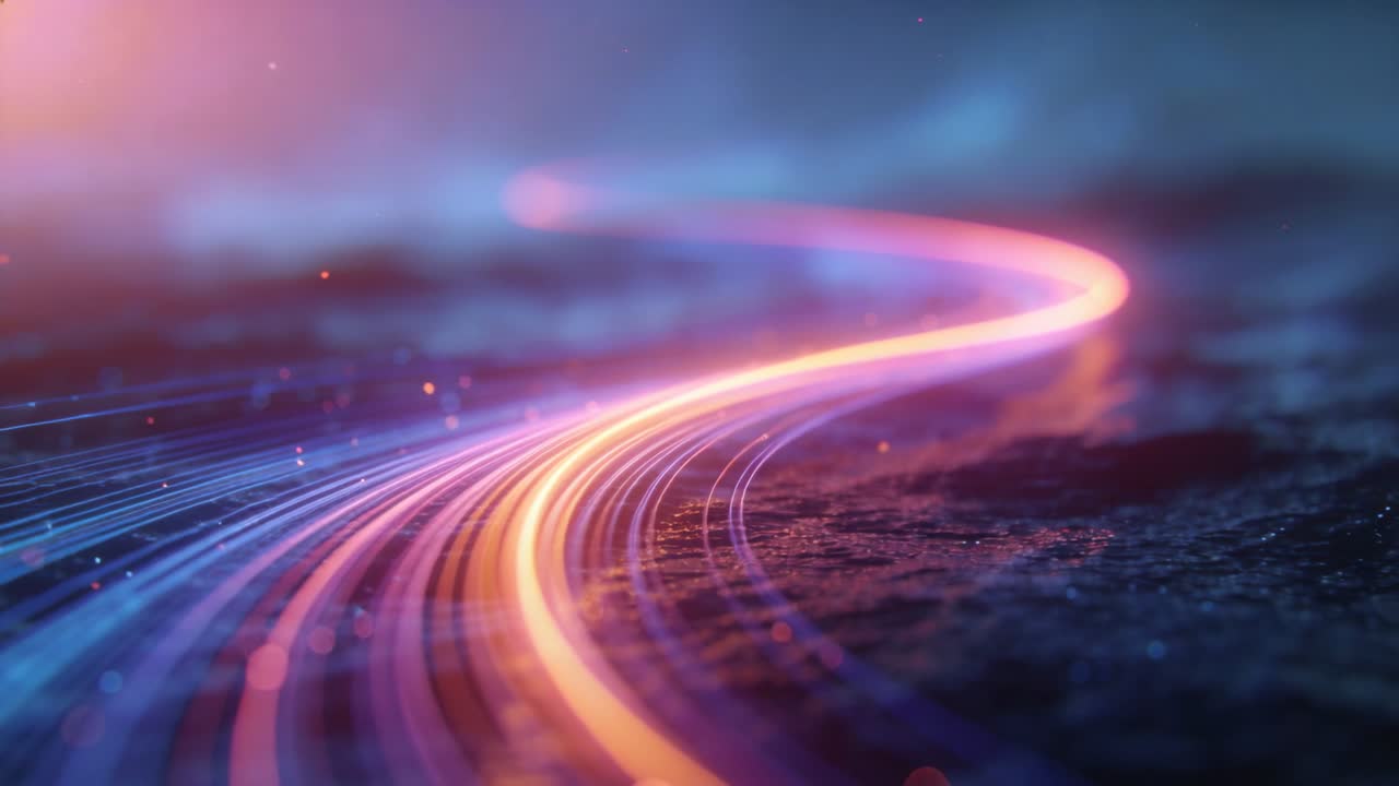 Un nastro multicolore appare nel primo fotogramma e traccia una curva a S su un terreno con texture.