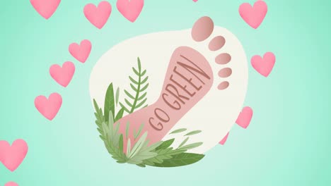 animation of go green text and foot print logo over falling hearts on blue background