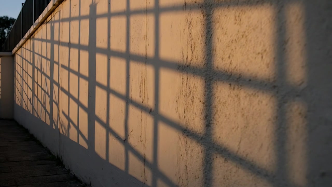 Shifting fence shadow on long textured brick wall moving right along paved walkway, sun lowering