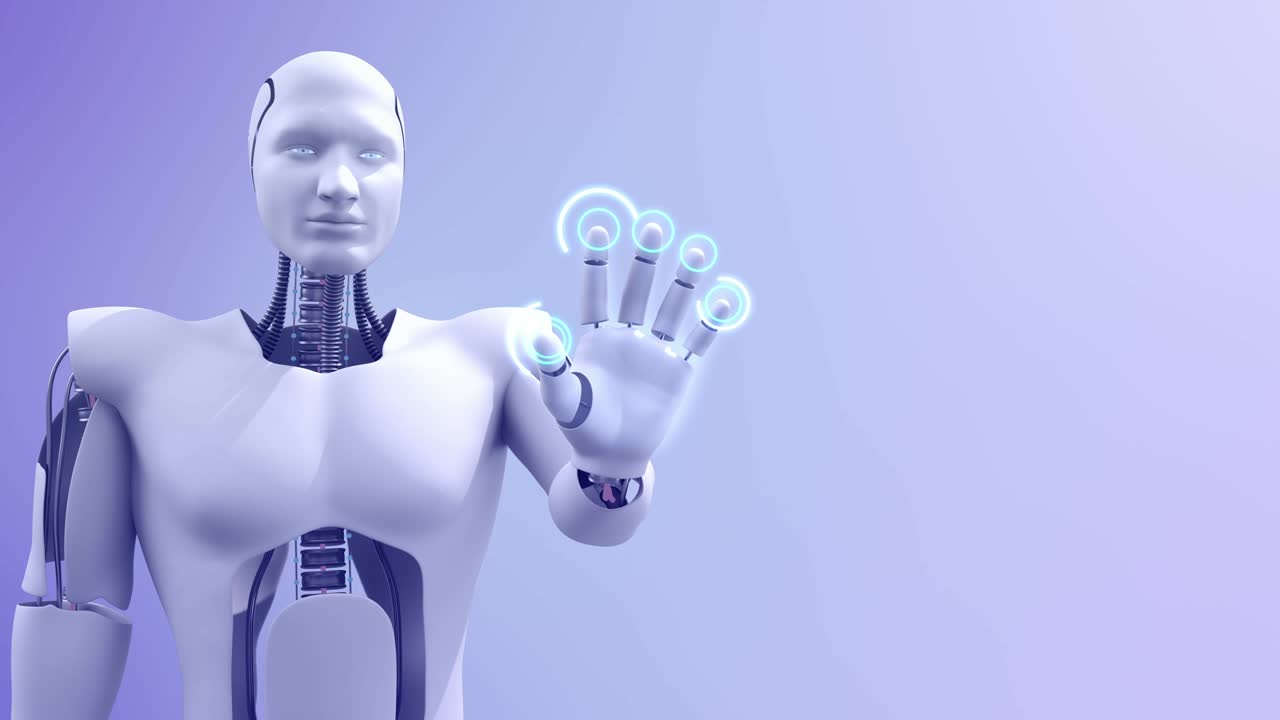 Robot umanoide avanzato futuristico che controlla un computer
