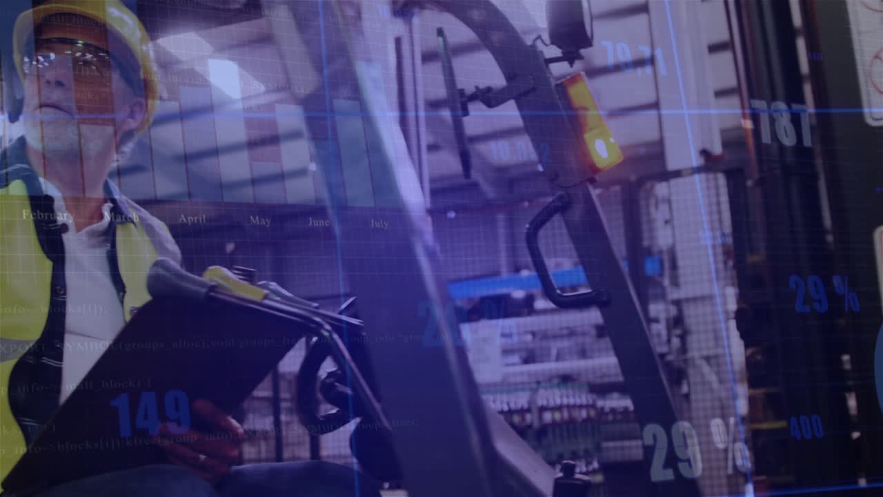 Forklift driver seeing digital charts, pointing, writing clipboard and using panel for logistics