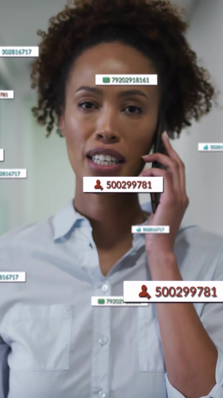 Video verticale: Donna che risponde al telefono, mostrando etichette UI su una tazza, volto mentre parla per il marketing.