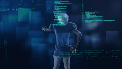 animation of data processing over male rugby player against blue square shapes on black background