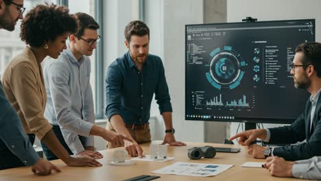 team collaborating in a modern office: analyzing data and strategies during a productive business meeting focused on innovative solutions and visual insights