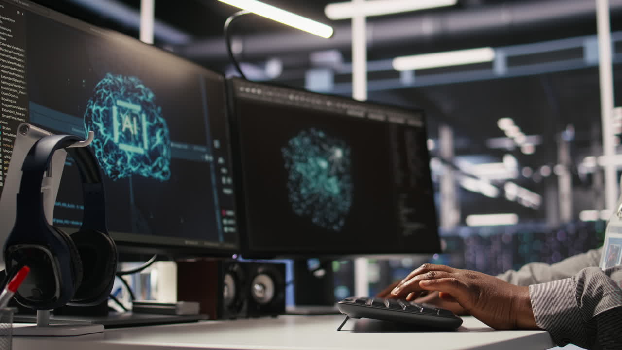 Vertical video Close up of data center admin coding, writing script on PC