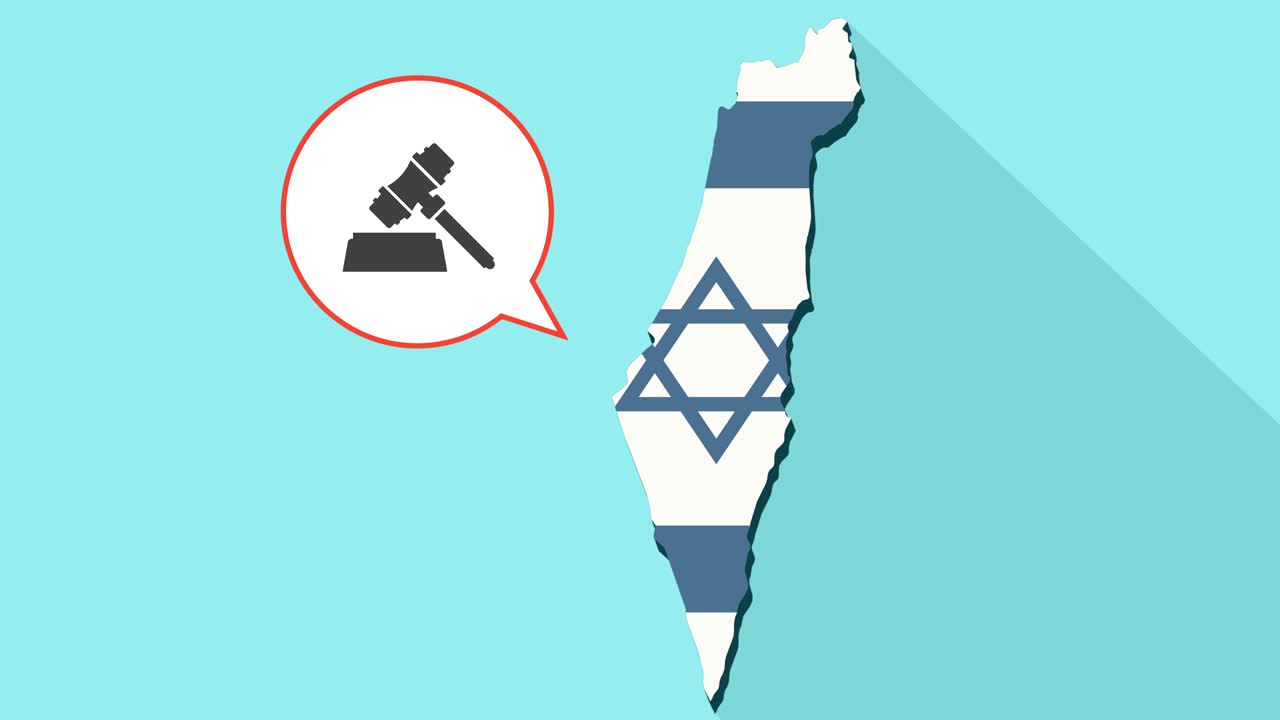 Animation of a long shadow Israel map with its flag and a comic balloon with a judge gavel