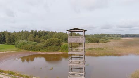 aerial landscape view of vortsjarv lake in estonia, drone circling observational tower, day