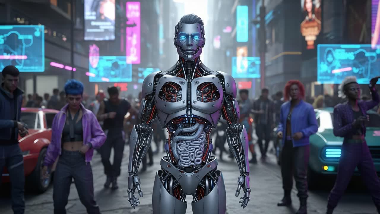 A futuristic urban landscape featuring a humanoid robot with intricate circuitry and glowing blue eyes, surrounded by diverse crowds in a vibrant city atmosphere filled with neon lights.