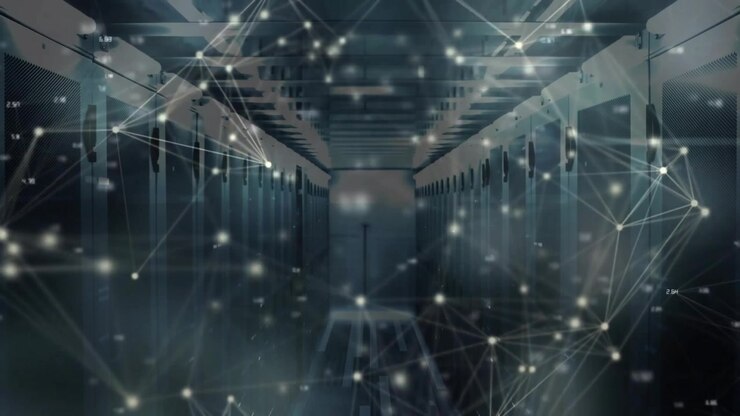 Starting server aisle wireframe overlay fading, nodes appearing, lines pulsing showing data flow