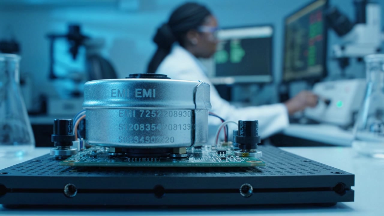Advanced Research in Electronics: A Close-Up View of a Circuit Board and EMI Filter with a Scientist Analyzing Data in a High-Tech Laboratory Environment