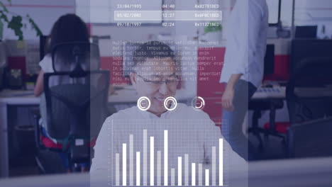 Animación-Del-Procesamiento-De-Datos-Financieros-Sobre-Un-Hombre-De-Negocios-Asiático-Usando-Un-Teléfono-Inteligente-En-La-Oficina