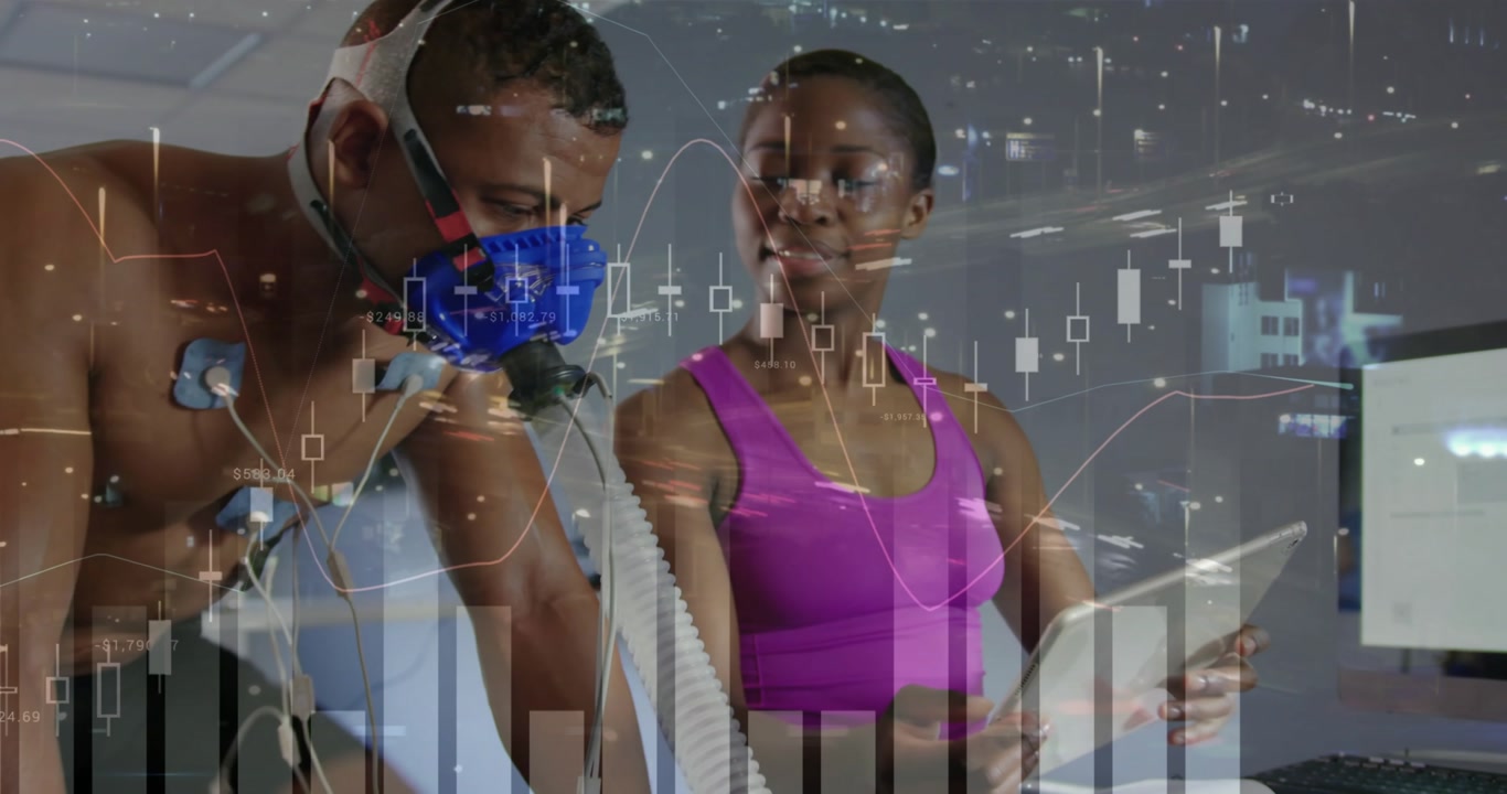 Woman tech tapping tablet showing charts for exercise test, male breathing into mask