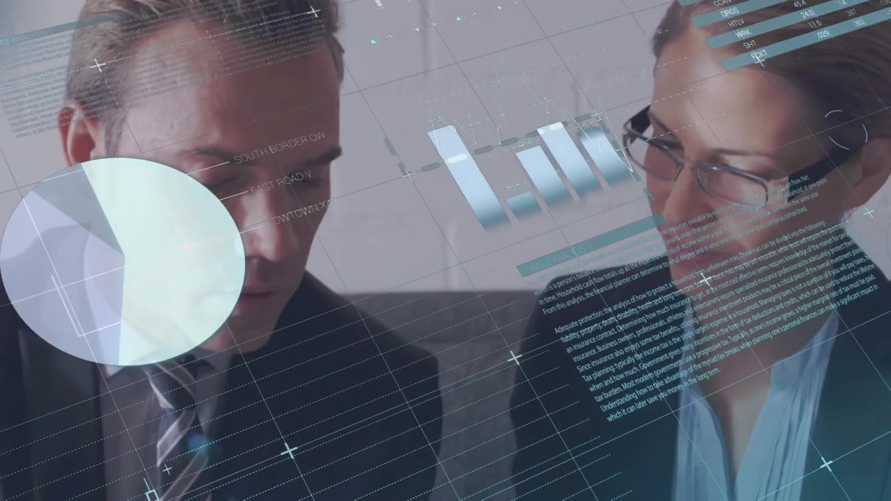 Business Professionals Analyzing Financial Data with Digital Overlays