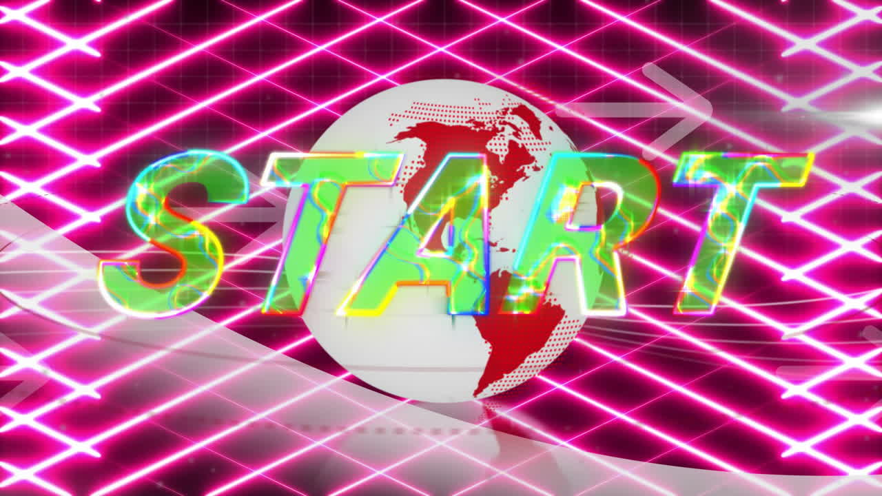 Starting text animation over globe and neon grid background